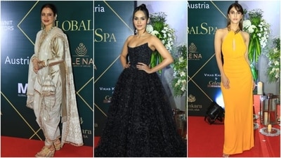 Rekha, Manushi Chhillar and Vaani Kapoor walk the red carpet at the Globaspa Awards 2023. (HT Photo/Varinder Chawla) Rekha, Manushi Chhillar and Vaani Kapoor walk the red carpet at the Globaspa Awards 2023. (HT Photo/Varinder Chawla)