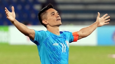 Sunil Chhetri celebrates during the semifinal of SAFF Championship 2023 between India vs Lebanon (PTI) Sunil Chhetri celebrates during the semifinal of SAFF Championship 2023 between India vs Lebanon (PTI)