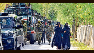 Security personnel at the encounter site at Gadole of Kokernag area in Anantnag on Thursday. (PTI) Security personnel at the encounter site at Gadole of Kokernag area in Anantnag on Thursday. (PTI)
