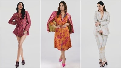 Meanwhile, Dolly wore a hot pink-coloured mini blazer dress, Kusha donned an orange button-down dress layered with a pink brocade embroidered jacket, and Shibani complemented them in a cream floral embroidered blazer and pants set. While Dolly wore dark brown Oxfords, Kusha chose pink stilettos, and Shibani wore black strappy block heels.&nbsp; (Instagram)