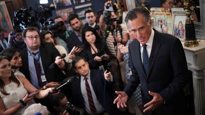 WASHINGTON, DC - SEPTEMBER 13: Sen. Mitt Romney (R-UT) answers questions in his office after announcing he will not seek re-election on September 13, 2023 in Washington, DC. Romney Called for a "new generation of leaders" while also criticizing both U.S. President Joe Biden and former U.S. President Donald Trump. Win McNamee/Getty Images/AFP (Photo by WIN MCNAMEE / GETTY IMAGES NORTH AMERICA / Getty Images via AFP) (Getty Images via AFP) WASHINGTON, DC - SEPTEMBER 13: Sen. Mitt Romney (R-UT) answers questions in his office after announcing he will not seek re-election on September 13, 2023 in Washington, DC. Romney Called for a "new generation of leaders" while also criticizing both U.S. President Joe Biden and former U.S. President Donald Trump. Win McNamee/Getty Images/AFP (Photo by WIN MCNAMEE / GETTY IMAGES NORTH AMERICA / Getty Images via AFP) (Getty Images via AFP)