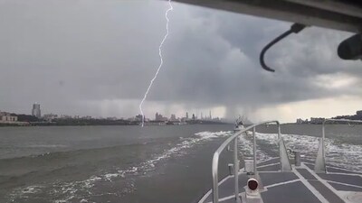 The image shows the lightning striking the water. (Facebook/US Coast Guard Station Yaquina Bay ) The image shows the lightning striking the water. (Facebook/US Coast Guard Station Yaquina Bay )