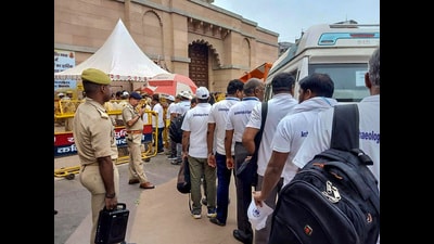 Varanasi: The ASI team outside the Gyanvapi Mosque complex amid tight security to conduct the court-mandated survey on Aug 10 (PTI) Varanasi: The ASI team outside the Gyanvapi Mosque complex amid tight security to conduct the court-mandated survey on Aug 10 (PTI)