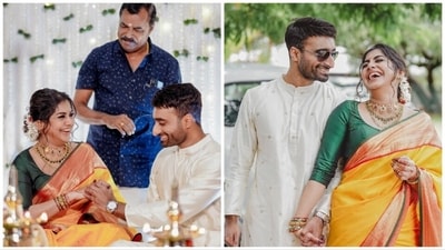 Meera Nandan with Sreeju at their engagement ceremony. Meera Nandan with Sreeju at their engagement ceremony.