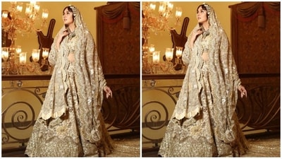 Huma rocked the ramp in a majestic champagne gold bridal lehenga that was adorned in sequin, bugle beads, and dabka work, giving off a modern yet traditional bride mood. (Instagram/@iamhumaq) Huma rocked the ramp in a majestic champagne gold bridal lehenga that was adorned in sequin, bugle beads, and dabka work, giving off a modern yet traditional bride mood. (Instagram/@iamhumaq)