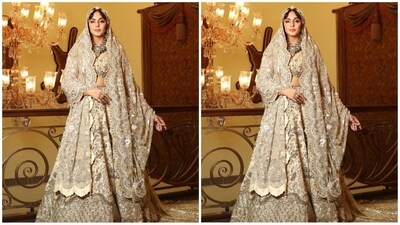 Huma's exquisite look in the heavy, floral lehenga was completed with a sheer, embroidered dupatta styled as a veil on her head. Her lavish garment was covered in an exquisite symphony of tone-on-tone floral motifs in different designs, showcasing designer Varun Bahl's floral flair. (Instagram/@iamhumaq) Huma's exquisite look in the heavy, floral lehenga was completed with a sheer, embroidered dupatta styled as a veil on her head. Her lavish garment was covered in an exquisite symphony of tone-on-tone floral motifs in different designs, showcasing designer Varun Bahl's floral flair. (Instagram/@iamhumaq)