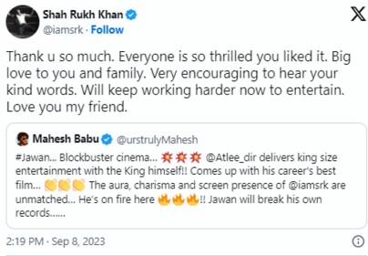 Shah Rukh Khan reacted to Mahesh Babu's shout out. Shah Rukh Khan reacted to Mahesh Babu's shout out.