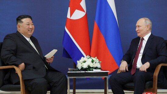 North Korea's leader Kim Jong Un (L) meeting with Russia's President Vladimir Putin at the Vostochny Cosmodrome in Russia. (AFP)