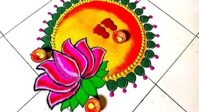 Lotus Design: To craft a lotus design, begin by drawing a large lotus flower in the center. Surround the lotus with smaller lotus flowers or petals, and add leaves and vines to complete the design. Use pink, white, and green colors for the lotus design. (Pinterest) Lotus Design: To craft a lotus design, begin by drawing a large lotus flower in the center. Surround the lotus with smaller lotus flowers or petals, and add leaves and vines to complete the design. Use pink, white, and green colors for the lotus design. (Pinterest)