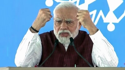 Prime Minister Narendra Modi addresses during laying the foundation stone of projects worth more than  ₹50,700 crore in Bhopal on Thursday. (ANI)