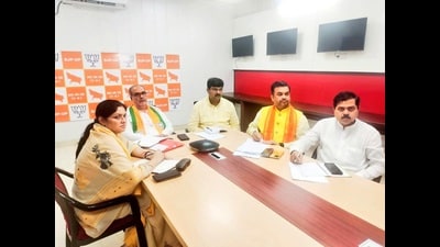 BJP U.P. chief Bhupendra Chaudhary (second from left) and other party leaders during a meeting in Lucknow recently. (Sourced)