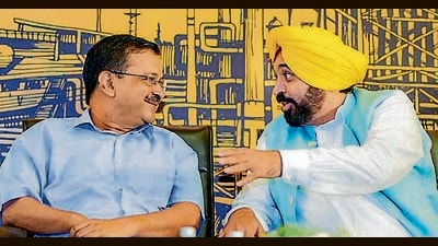 CM Bhagwant Mann and his Delhi counterpart Arvind Kejriwal at the ‘Sarkar Sanatkar Milni’ event on Friday. (SOURCED) CM Bhagwant Mann and his Delhi counterpart Arvind Kejriwal at the ‘Sarkar Sanatkar Milni’ event on Friday. (SOURCED)