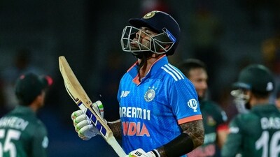 Suryakumar Yadav then put up a stand of 45 runs with Gill but failed to make an impact yet again in an ODI. He fell for 26 off 34. (AFP) Suryakumar Yadav then put up a stand of 45 runs with Gill but failed to make an impact yet again in an ODI. He fell for 26 off 34. (AFP)