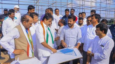 Congress leader KC Venugopal reviews preparations for the party's upcoming public rally, named 'Vijaya Bheri', at Tukkuguda Ground in Hyderabad on Friday. (PTI) Congress leader KC Venugopal reviews preparations for the party's upcoming public rally, named 'Vijaya Bheri', at Tukkuguda Ground in Hyderabad on Friday. (PTI)