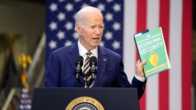 President Joe Biden holds a copy of the Republican Study Committee's FY2024 budget proposal as he speaks about his administration's economic agenda during an event at Prince George's Community College in Largo, Md., Thursday, Sept. 14, 2023. AP/PTI(AP09_15_2023_000010A) (AP) President Joe Biden holds a copy of the Republican Study Committee's FY2024 budget proposal as he speaks about his administration's economic agenda during an event at Prince George's Community College in Largo, Md., Thursday, Sept. 14, 2023. AP/PTI(AP09_15_2023_000010A) (AP)