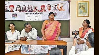 Mumbai, India - Sept. 15, 2023: L to R - Avdesh, Anna, Sakubai and Yashodhara Salve during press conference organised by Jan Haq Sangharsh samit for demanding better practices for sanitation workers in Mumbai Patrakar Sangh, in Mumbai, India, on Friday, September 15, 2023. (Photo by Anshuman Poyrekar/ Hindustan Times) (Hindustan Times) Mumbai, India - Sept. 15, 2023: L to R - Avdesh, Anna, Sakubai and Yashodhara Salve during press conference organised by Jan Haq Sangharsh samit for demanding better practices for sanitation workers in Mumbai Patrakar Sangh, in Mumbai, India, on Friday, September 15, 2023. (Photo by Anshuman Poyrekar/ Hindustan Times) (Hindustan Times)