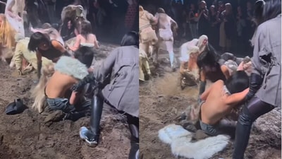 Elena Velez's models in a mud fight during New York Fashion Show. (Instagram/@dietsabya) Elena Velez's models in a mud fight during New York Fashion Show. (Instagram/@dietsabya)