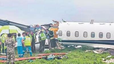 Seven people were injured after a private chartered aircraft arriving from Vishakhapatnam skidded off the runway at Chhatrapati Shivaji Maharaj International Airport on Thursday evening (PTI Photo)