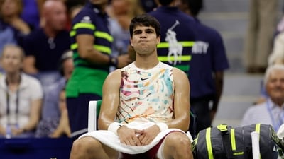 Spain's Carlos Alcaraz looks on after losing the US Open men's singles semi-finals match against Russia's Daniil Medvedev. (AFP) Spain's Carlos Alcaraz looks on after losing the US Open men's singles semi-finals match against Russia's Daniil Medvedev. (AFP)