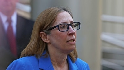 U.S. Ambassador to Russia Lynne Tracy speaks to the media outside a court building after a hearing to consider an appeal against the detention of Wall Street Journal reporter Evan Gershkovich. (REUTERS)