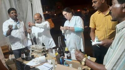 We had our on-the-spot testing machines with us. A total milk stock of 7.23 lakh litres was tested by taking 346 samples. Out of the analysed food samples, three samples were found to be of low quality, and one sample was adulterated. Out of the stocks inspected, 23 litres of milk was destroyed, and 1,900 litres were returned,” Shailesh Adhao, FDA Joint Commissioner (Food), said. (HT PHOTO) We had our on-the-spot testing machines with us. A total milk stock of 7.23 lakh litres was tested by taking 346 samples. Out of the analysed food samples, three samples were found to be of low quality, and one sample was adulterated. Out of the stocks inspected, 23 litres of milk was destroyed, and 1,900 litres were returned,” Shailesh Adhao, FDA Joint Commissioner (Food), said. (HT PHOTO)