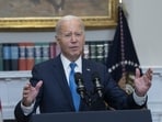US President Joe Biden speaks in the Roosevelt Room of the White House in Washington, DC, US, on Friday.