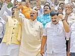 Former Karnataka chief minister Basavaraj Bommai with BJP MLAs stage a protest. (ANI) Former Karnataka chief minister Basavaraj Bommai with BJP MLAs stage a protest. (ANI)