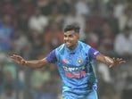  Indian player Shivam Mavi in action during the T20 cricket match between India and Sri Lanka at Wankhede Stadium, in Mumbai