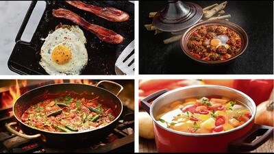 (Clockwise from top left) Griddle, tagine, stock pot or kadhai? It depends on how one wants to distribute heat, steam, even flavour. (Adobe Stock)