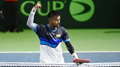 India's Sumit Nagal celebrates after victory over Morocco's Adam Moundir in the first singles of the Davis Cup World Group-II tie in Lucknow, (Deepak Gupta/HT Photo)
