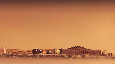 A rendering of Mars Dune Alpha, the CHAPEA habitat built in a hangar in Houston. Crew can step out in spacesuits to walk in a lifeless, red landscape. (ICON / NASA) A rendering of Mars Dune Alpha, the CHAPEA habitat built in a hangar in Houston. Crew can step out in spacesuits to walk in a lifeless, red landscape. (ICON / NASA)