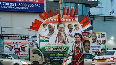 Hoardings with the images of Congress Parliamentary Party Chairperson Sonia Gandhi, MP Rahul Gandhi and party president Mallikarjun Kharge seen on the side of a road, in Hyderabad on Friday. (ANI) Hoardings with the images of Congress Parliamentary Party Chairperson Sonia Gandhi, MP Rahul Gandhi and party president Mallikarjun Kharge seen on the side of a road, in Hyderabad on Friday. (ANI)