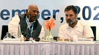 Hyderabad, Sep 16 (ANI): Congress President Mallikarjun Kharge with party leaders Rahul Gandhi and KC Venugopal at the Congress Working Committee (CWC) meeting, at Taj Krishna in Hyderabad on Saturday. (ANI Photo/Mohd Zakir) (Mohd Zakir) Hyderabad, Sep 16 (ANI): Congress President Mallikarjun Kharge with party leaders Rahul Gandhi and KC Venugopal at the Congress Working Committee (CWC) meeting, at Taj Krishna in Hyderabad on Saturday. (ANI Photo/Mohd Zakir) (Mohd Zakir)
