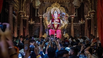 Ganesh Chaturthi is enthusiastically celebrated in Mumbai and various regions of Maharashtra, drawing hundreds of thousands of devotees who gather at mandals to seek blessings from Lord Ganesh. (HT Photo/Satish Bate) Ganesh Chaturthi is enthusiastically celebrated in Mumbai and various regions of Maharashtra, drawing hundreds of thousands of devotees who gather at mandals to seek blessings from Lord Ganesh. (HT Photo/Satish Bate)