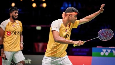 India's Satwiksairaj Rankireddy (L) and Chirag Shetty (R) play during their quarter final mens doubles match against Denmark's against Kim Astrup and Anders Skaarup Rasmussen (not pictured) at the BWF Badminton World Championsship (AFP) India's Satwiksairaj Rankireddy (L) and Chirag Shetty (R) play during their quarter final mens doubles match against Denmark's against Kim Astrup and Anders Skaarup Rasmussen (not pictured) at the BWF Badminton World Championsship (AFP)