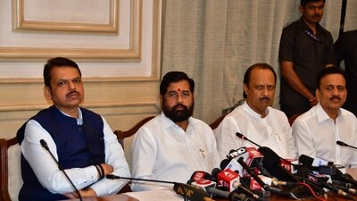 Mumbai: Maharashtra CM Eknath Shinde, Deputy CM Devendra Fadnavis, Deputy CM Ajit Pawar addressing the media (Photo by Bhushan Koyande)