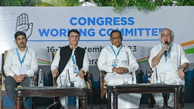 Congress leader Jairam Ramesh along with party leaders P Chidambaram, Pawan Khera and Dr Vineet Punia address the media on the Congress Working Committee (CWC) meeting, in Hyderabad on Saturday (ANI) Congress leader Jairam Ramesh along with party leaders P Chidambaram, Pawan Khera and Dr Vineet Punia address the media on the Congress Working Committee (CWC) meeting, in Hyderabad on Saturday (ANI)