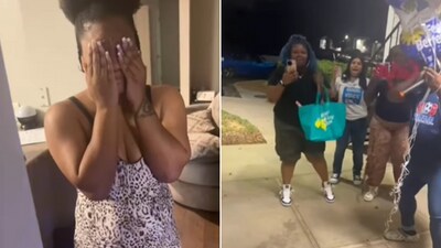 The image shows a woman's reaction to seeing her friends. (Instagram/@kayfransha) The image shows a woman's reaction to seeing her friends. (Instagram/@kayfransha)