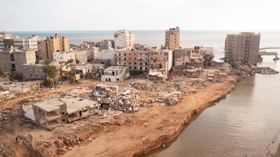 An aerial view shows the destruction, in the aftermath of the floods in Derna, Libya September 16. (REUTERS)