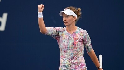 Barbora Krejcikova, of the Czech Republic, celebrates after defeating Danielle Collins, of the United States, in a semifinal match at the San Diego Open tennis tournament (AP) Barbora Krejcikova, of the Czech Republic, celebrates after defeating Danielle Collins, of the United States, in a semifinal match at the San Diego Open tennis tournament (AP)