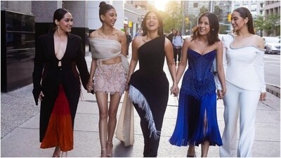 Rhea Kapoor posted pictures of Bhumi, Shehnaz, Dolly, Kusha and Shibani on Instagram with the caption, "TOUCHDOWN @tiff_net! The Thank You For Coming Squad has arrived! #thankyouforcomingattiff #tyfcattiff." The pictures show Bhumi, Shehnaaz and Kusha turning Toronto into their personal runway in stylish outfits. Meanwhile, Dolly and Shibani struck a pose in glamorous ensembles. (Instagram) Rhea Kapoor posted pictures of Bhumi, Shehnaz, Dolly, Kusha and Shibani on Instagram with the caption, "TOUCHDOWN @tiff_net! The Thank You For Coming Squad has arrived! #thankyouforcomingattiff #tyfcattiff." The pictures show Bhumi, Shehnaaz and Kusha turning Toronto into their personal runway in stylish outfits. Meanwhile, Dolly and Shibani struck a pose in glamorous ensembles. (Instagram)