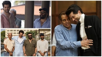 Soooraj Barjatya, Rajveer Deol, Sunny Deol, Dharmendra and Avnish Barjatya on sets of Dono. Soooraj Barjatya, Rajveer Deol, Sunny Deol, Dharmendra and Avnish Barjatya on sets of Dono.