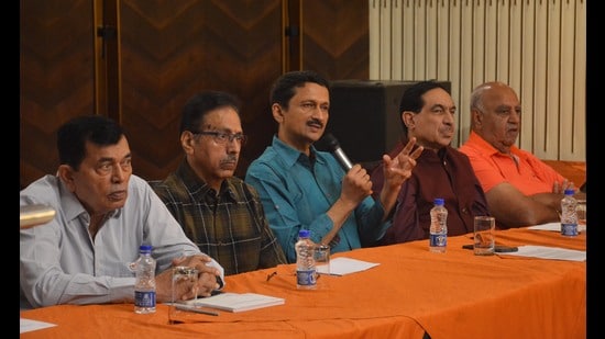 All India JP Atray Memorial Cricket tournament convener Vivek Atray addressing a press conference in Panchkula. (Sant Arora /HT)