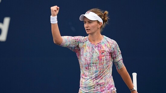 Barbora Krejcikova, of the Czech Republic, celebrates after defeating Danielle Collins, of the United States, in a semifinal match at the San Diego Open tennis tournament (AP)