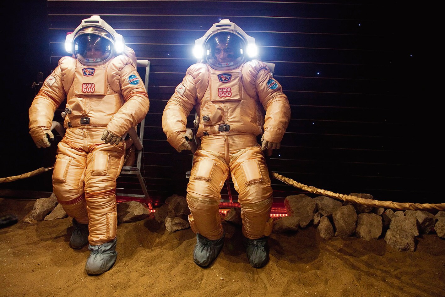 Mars500 crew members take a walk in spacesuits. (ESA) Mars500 crew members take a walk in spacesuits. (ESA)