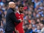 Manchester United's Bruno Fernandes is substituted by Manchester United's head coach Erik ten Hag Manchester United's Bruno Fernandes is substituted by Manchester United's head coach Erik ten Hag