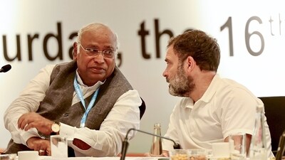 Congress President Mallikarjun Kharge and party leader Rahul Gandhi during the Congress Working Committee (CWC) meeting, at Taj Krishna in Hyderabad on Saturday. (ANI Photo) Congress President Mallikarjun Kharge and party leader Rahul Gandhi during the Congress Working Committee (CWC) meeting, at Taj Krishna in Hyderabad on Saturday. (ANI Photo)
