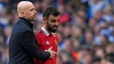 Manchester United's Bruno Fernandes is substituted by Manchester United's head coach Erik ten Hag (AP) Manchester United's Bruno Fernandes is substituted by Manchester United's head coach Erik ten Hag (AP)