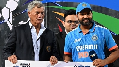 India captain Rohit Sharma receives the 'Champions' team award at the end of the Asia Cup 2023 (AFP) India captain Rohit Sharma receives the 'Champions' team award at the end of the Asia Cup 2023 (AFP)