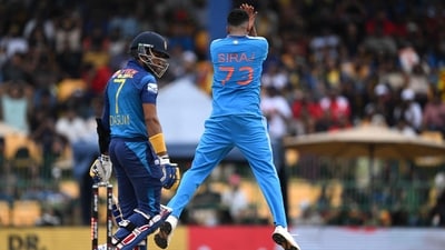 Mohammed Siraj celebrates after taking the wicket of Dasun Shanaka during the Asia Cup 2023 final (AFP) Mohammed Siraj celebrates after taking the wicket of Dasun Shanaka during the Asia Cup 2023 final (AFP)